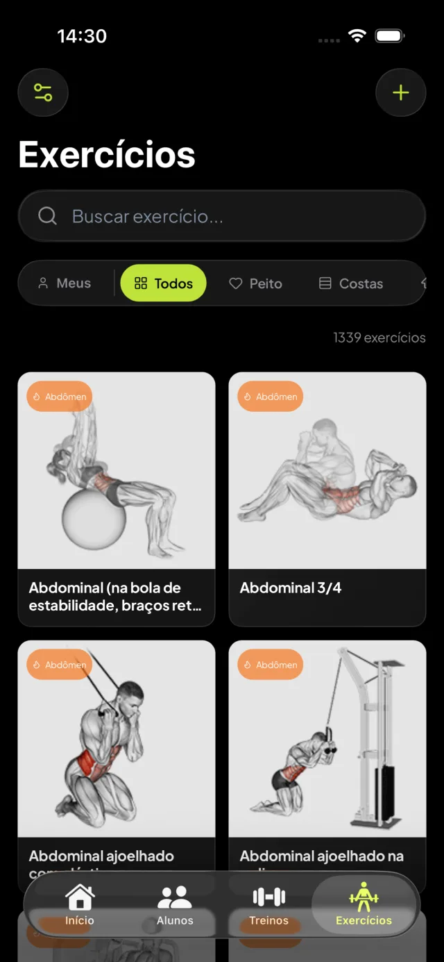 Catálogo de exercícios com demonstrações gravadas pelo treinador